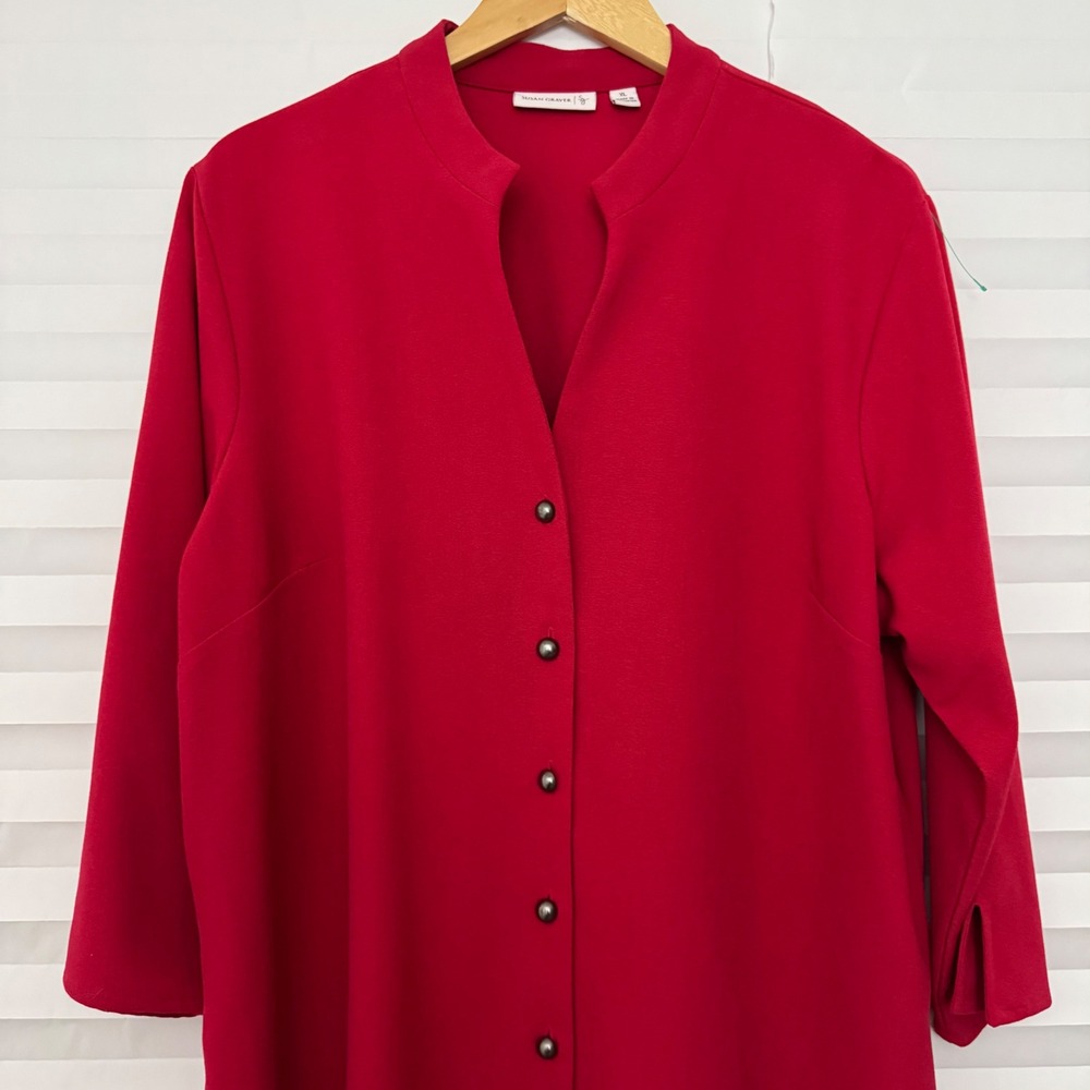 Susan Graver Red Button Front Tunic Top Mandarin Collar 3/4 Sleeve Womens XL‎ - Picture 3 of 10